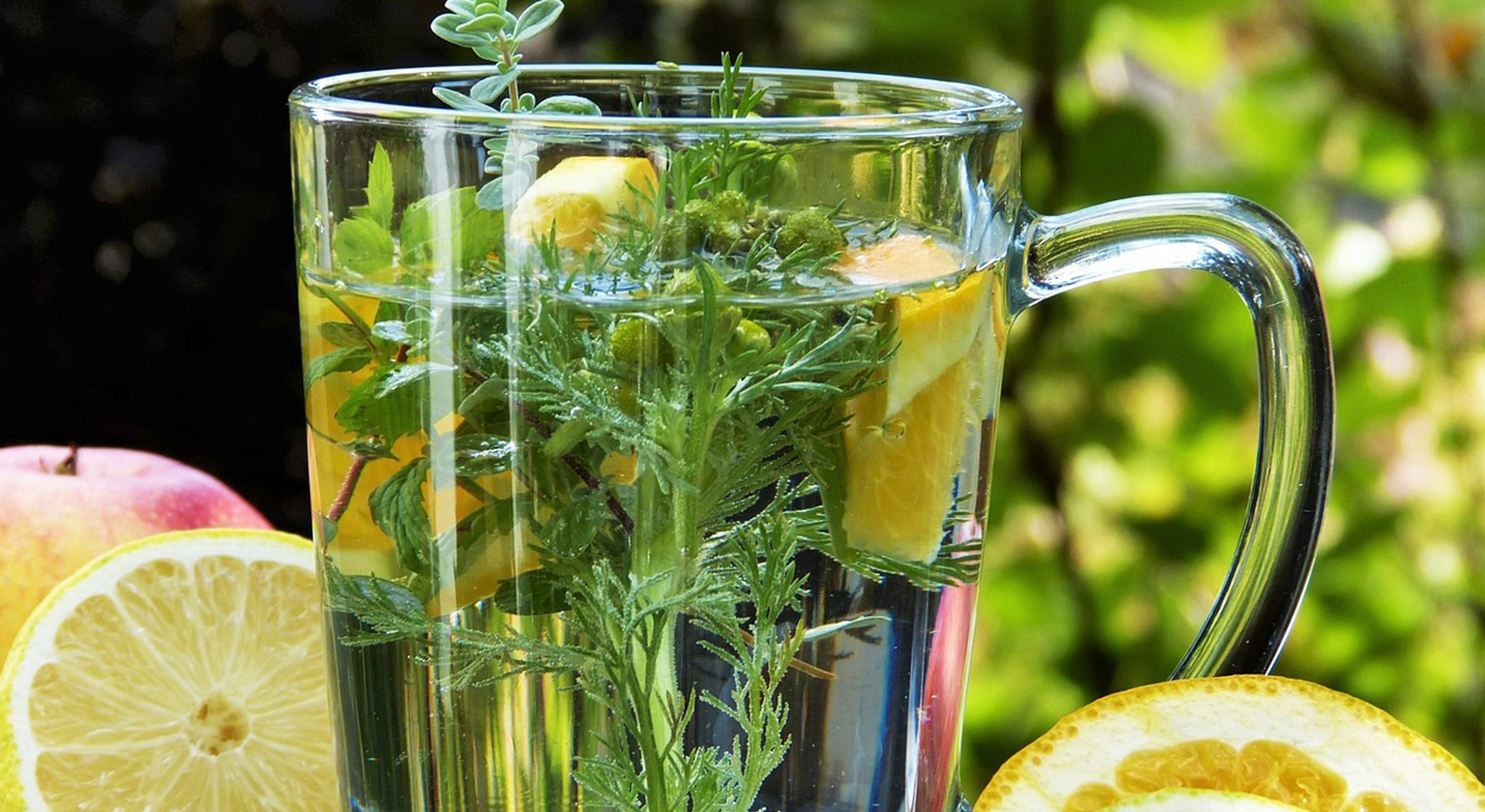 An image featuring a clear mug filled with pure water infused with slices of lemon, ginger, chamomile flowers, and various herbs. The herbs and ingredients float gracefully in the water, creating a visually appealing and refreshing beverage. The mug is set against a backdrop that accentuates a tranquil ambiance, hinting at the soothing and calming properties of the infused water. The scene evokes a sense of wellness, natural healing, and rejuvenation.